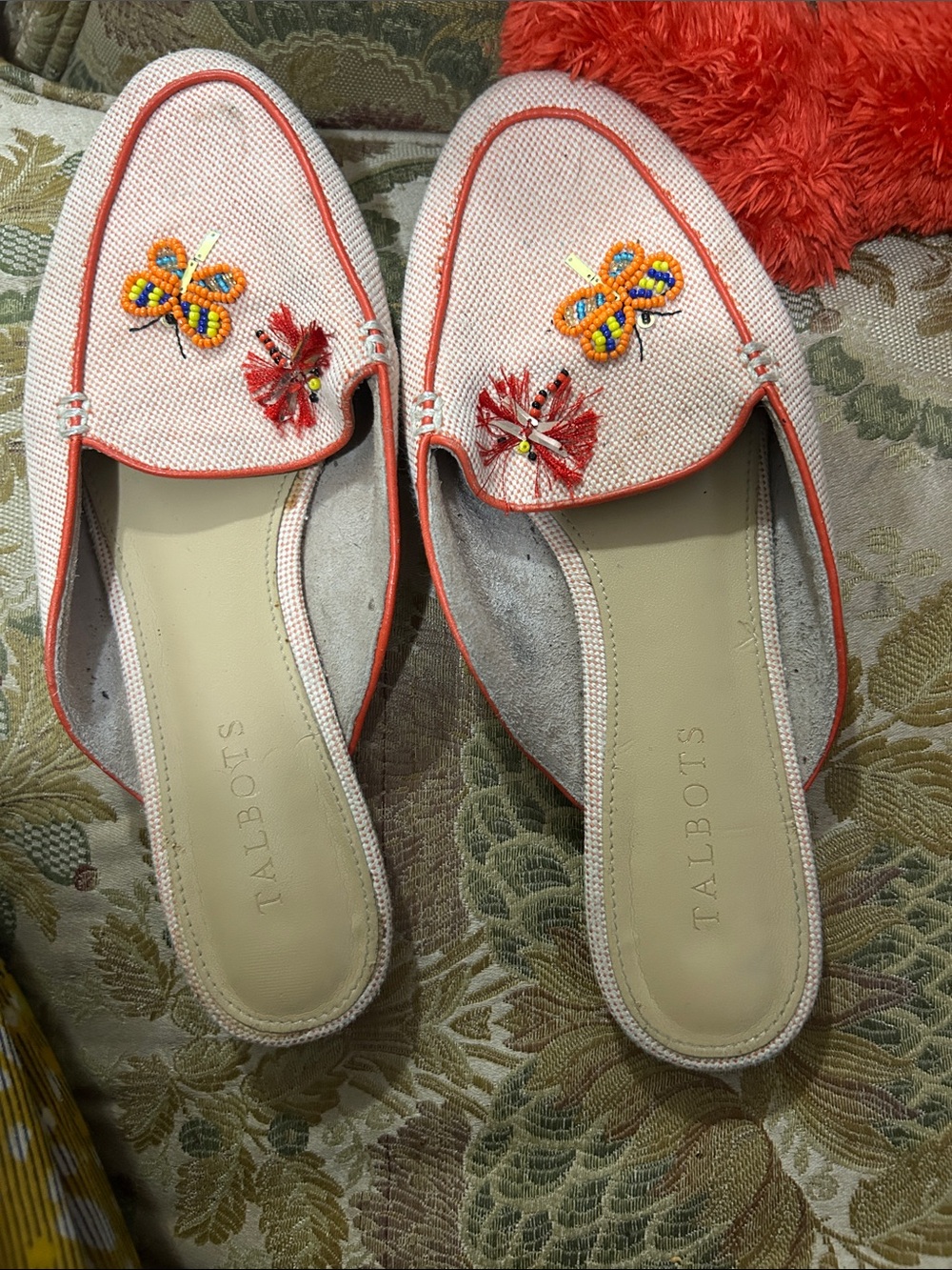 Talbots Coral-Trim Pink Textile Beaded Butterfly Mules